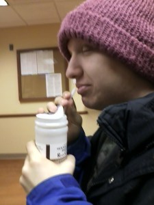 One of the two nasty coffee-flavored barium drinks JJ had to get down.