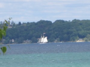 A tall ship sailing in the water.