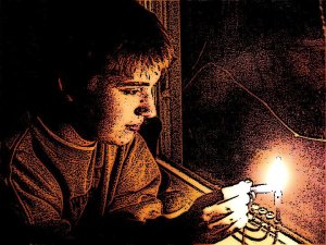 JJ lighting lighting the menorah on the first night of Hanukkah in 2010. 